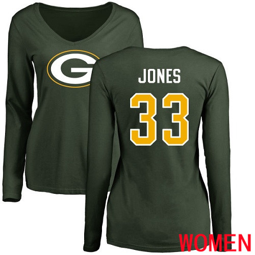 Green Bay Packers Green Women #33 Jones Aaron Name And Number Logo Nike NFL Long Sleeve T Shirt